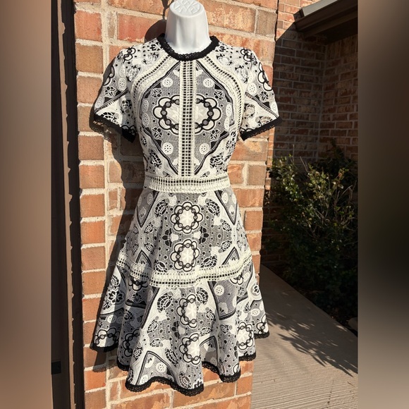 Alexis Emiliana Fit & Flare Mini Dress Black and White Diamond Lace size Medium - Picture 3 of 13